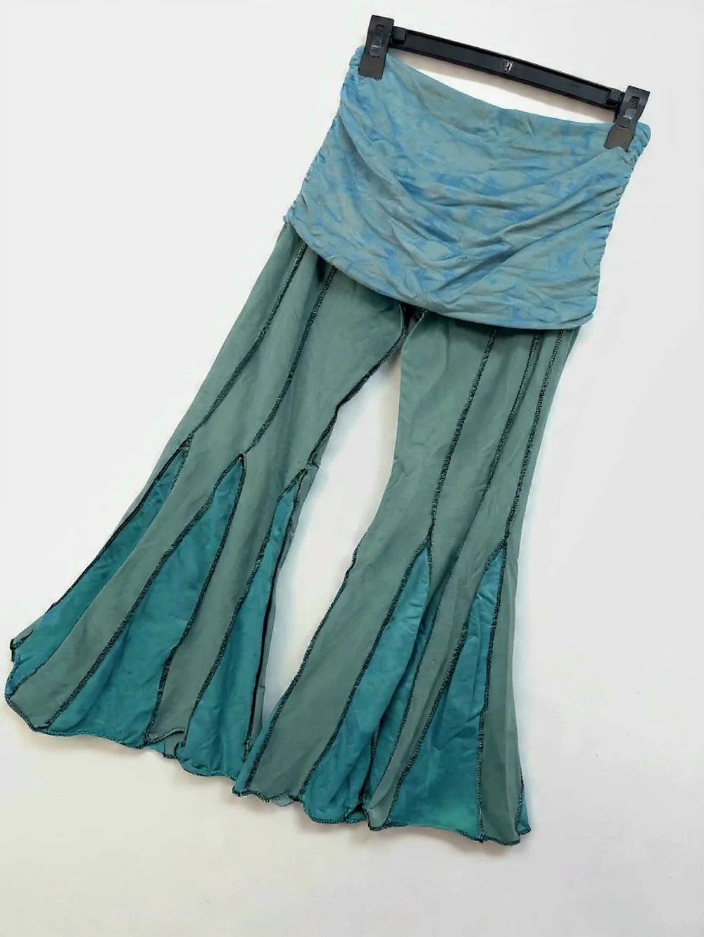 1 Of 1, Foldover Bell Bottom Tie Dye Boho High-Waist Flared Pants in Teal Blue - Picture 7 of 7